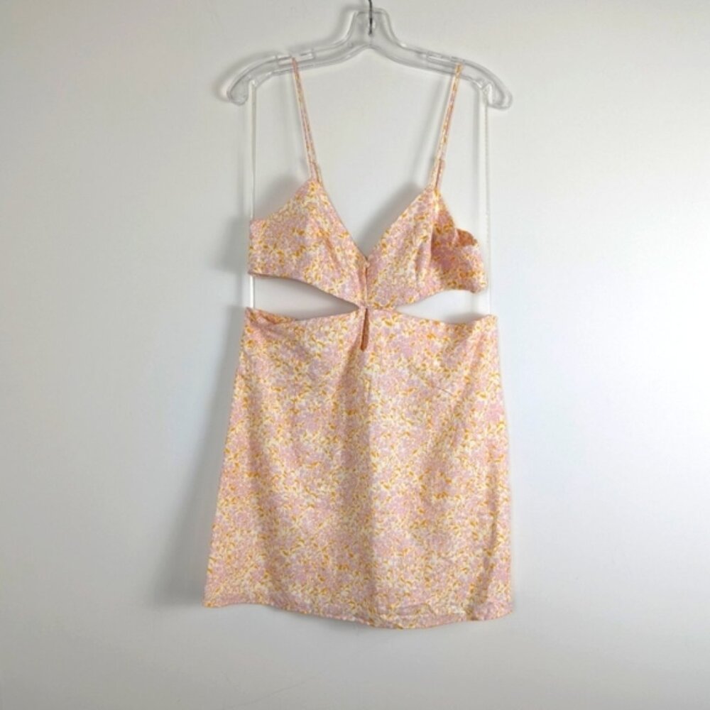 Zara Woman Pastel Floral Linen-Cotton Blend Dress with Cut-Out Detail - XXL